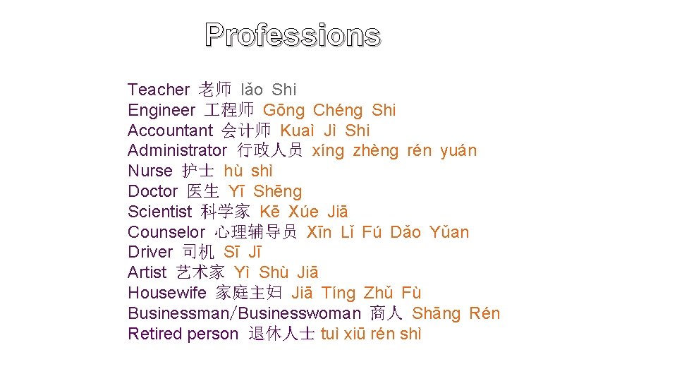Professions Teacher 老师 lǎo Shi Engineer 程师 Gōng Chéng Shi Accountant 会计师 Kuaì Jì