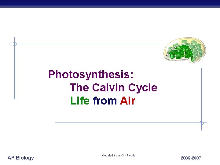 Photosynthesis: The Calvin Cycle Life from Air AP Biology Modified from Kim Foglia 2006