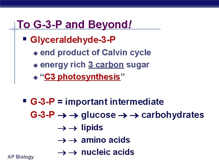 To G-3 -P and Beyond! § Glyceraldehyde-3 -P end product of Calvin cycle u