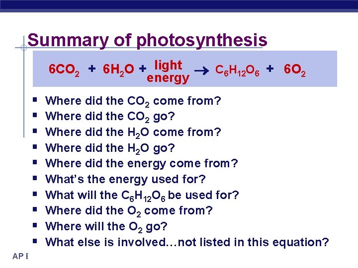 Summary of photosynthesis 6 CO 2 + 6 H 2 O + light C