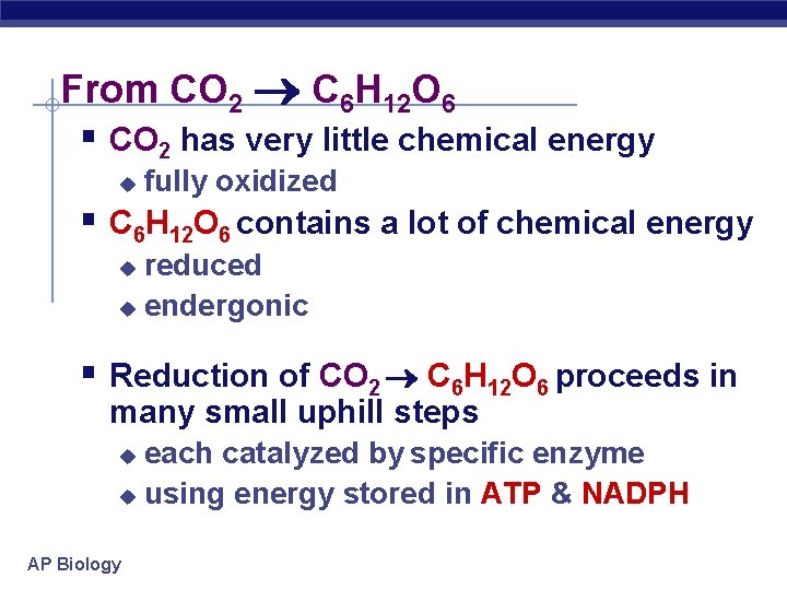 From CO 2 C 6 H 12 O 6 § CO 2 has very