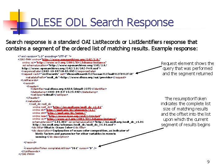 DLESE ODL Search Response Search response is a standard OAI List. Records or List.