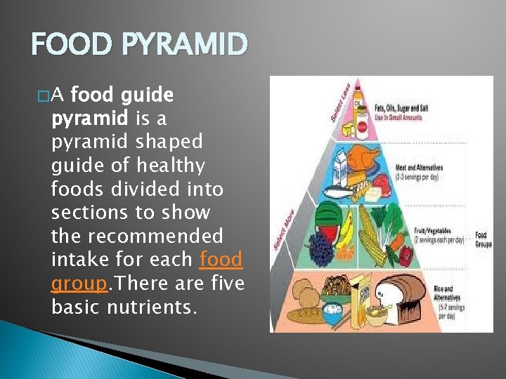 FOOD PYRAMID �A food guide pyramid is a pyramid shaped guide of healthy foods