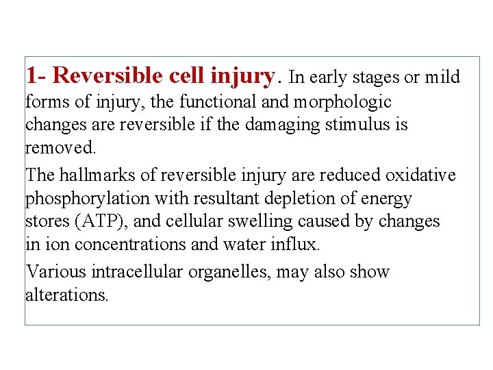 1 - Reversible cell injury. In early stages or mild forms of injury, the