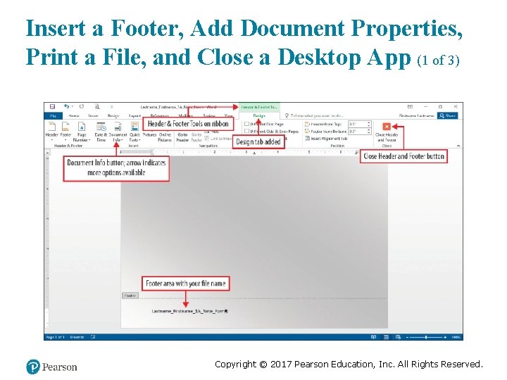 Insert a Footer, Add Document Properties, Print a File, and Close a Desktop App