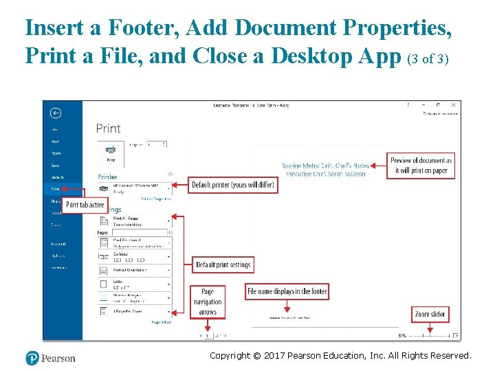 Insert a Footer, Add Document Properties, Print a File, and Close a Desktop App