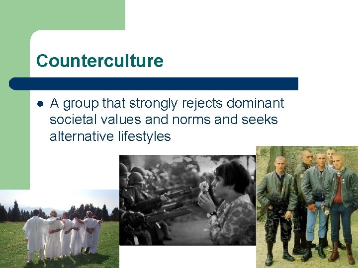 Counterculture l A group that strongly rejects dominant societal values and norms and seeks