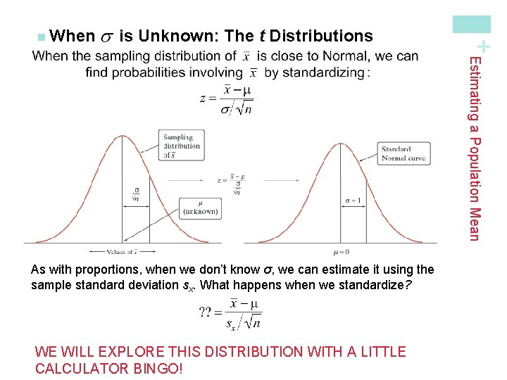 is Unknown: The t Distributions + n When Estimating a Population Mean As with