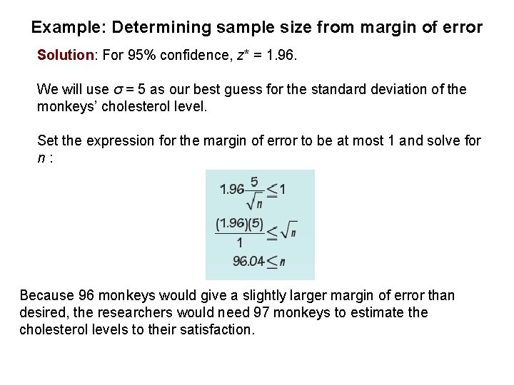 Example: Determining sample size from margin of error Solution: For 95% confidence, z* =