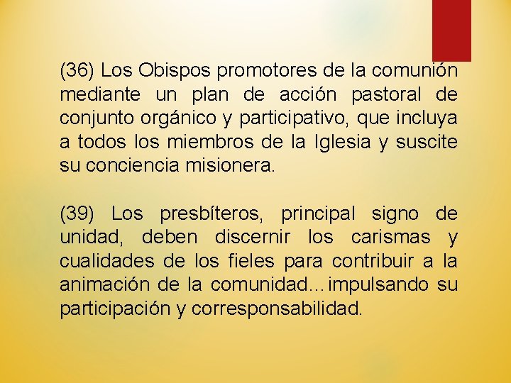 (36) Los Obispos promotores de la comunión mediante un plan de acción pastoral de