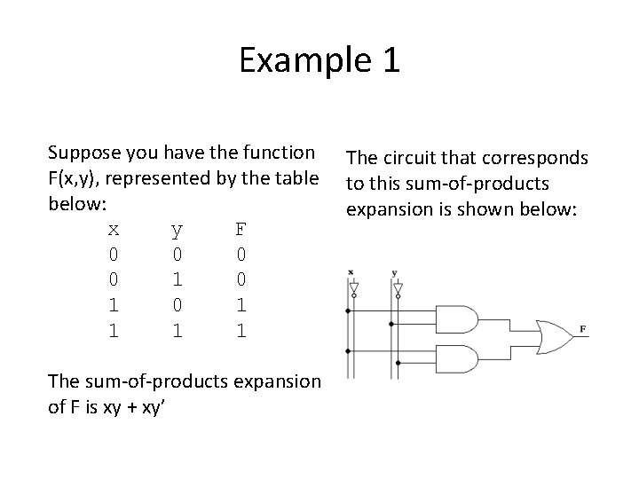 Example 1 Suppose you have the function F(x, y), represented by the table below: