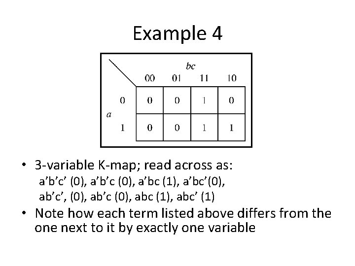 Example 4 • 3 -variable K-map; read across as: a’b’c’ (0), a’b’c (0), a’bc