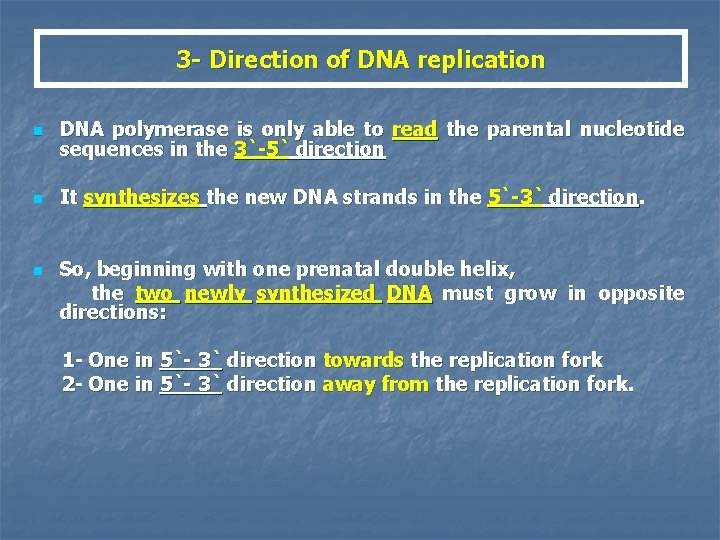 3 - Direction of DNA replication n DNA polymerase is only able to read