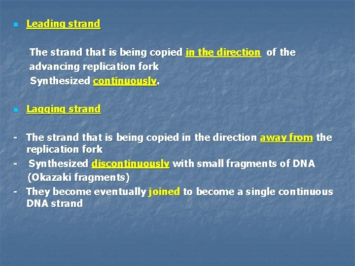 n - n Leading strand The strand that is being copied in the direction