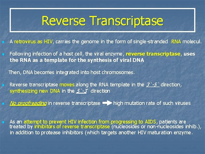 Reverse Transcriptase n n A retrovirus as HIV, carries the genome in the form