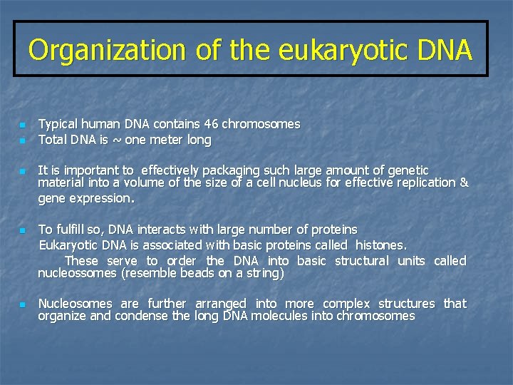 Organization of the eukaryotic DNA n n n Typical human DNA contains 46 chromosomes