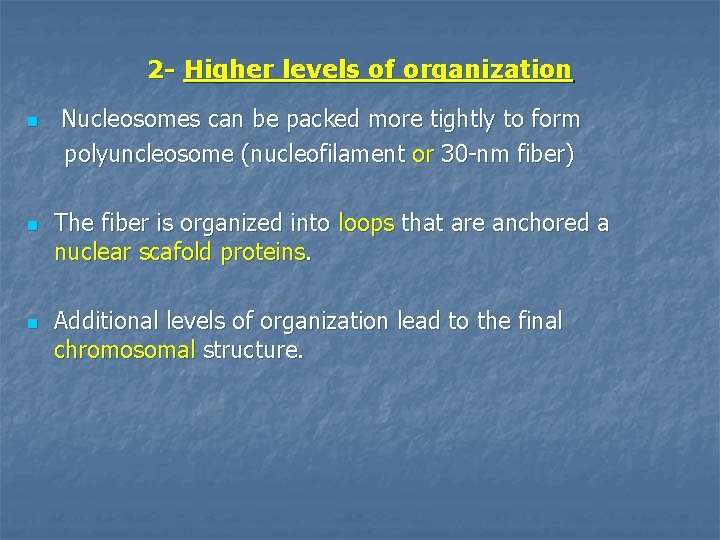 2 - Higher levels of organization n Nucleosomes can be packed more tightly to