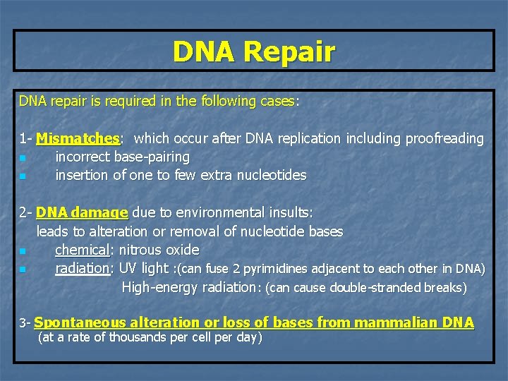 DNA Repair DNA repair is required in the following cases: 1 - Mismatches: which