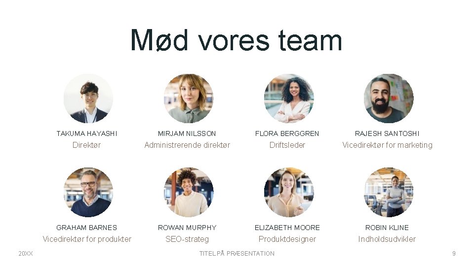 Mød vores team 20 XX TAKUMA HAYASHI MIRJAM NILSSON FLORA BERGGREN RAJESH SANTOSHI Direktør