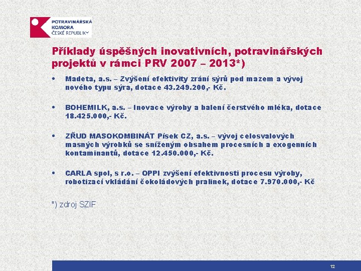 Příklady úspěšných inovativních, potravinářských projektů v rámci PRV 2007 – 2013*) • Madeta, a.