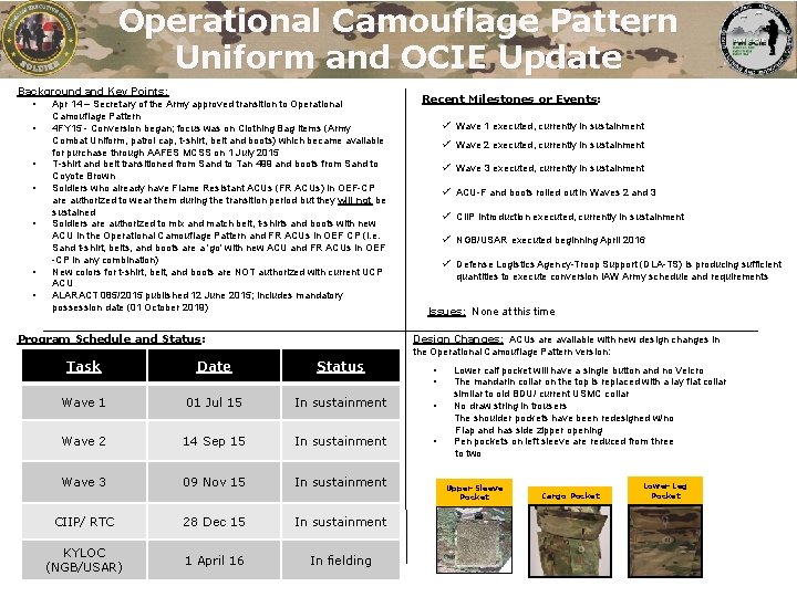 Operational Camouflage Pattern Uniform and OCIE Update Background and Key Points: • • Apr Operational Camouflage Pattern Uniform and OCIE Update Background and Key Points: • • Apr