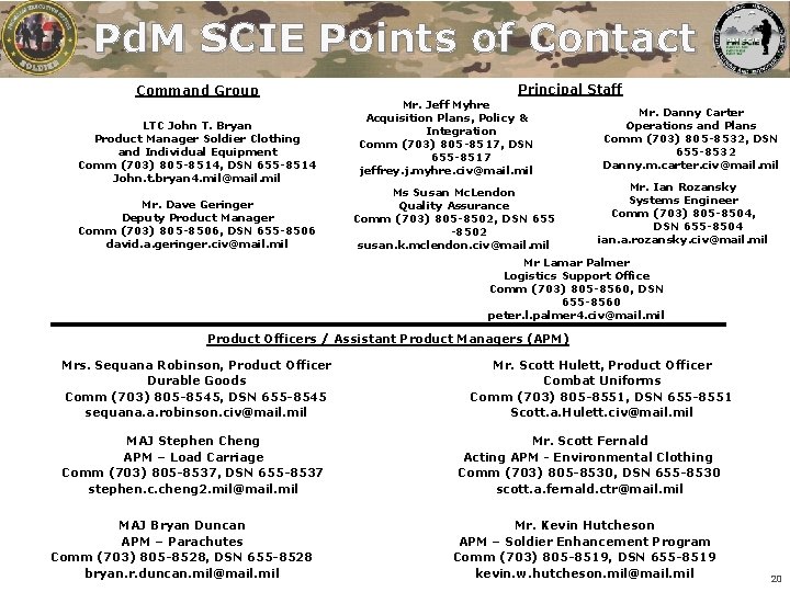 Pd. M SCIE Points of Contact Command Group LTC John T. Bryan Product Manager Pd. M SCIE Points of Contact Command Group LTC John T. Bryan Product Manager