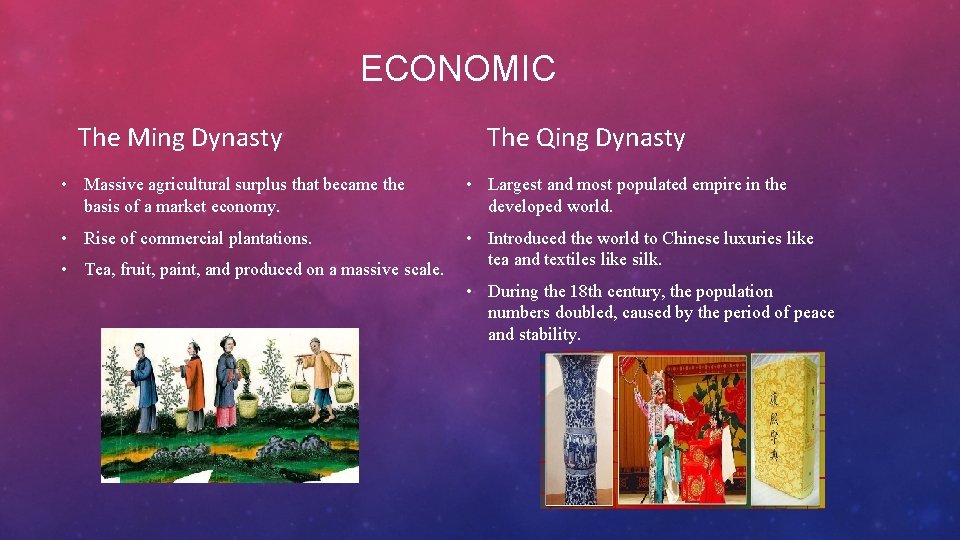 ECONOMIC The Ming Dynasty The Qing Dynasty • Massive agricultural surplus that became the