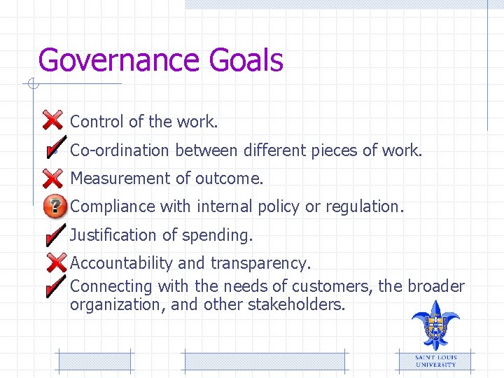 Governance Goals • Control of the work. • Co-ordination between different pieces of work.