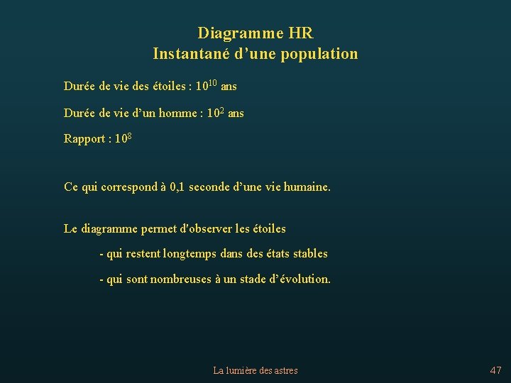 Diagramme HR Instantané d’une population Durée de vie des étoiles : 1010 ans Durée