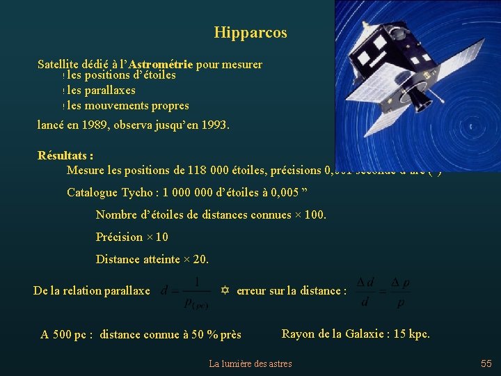Hipparcos Satellite dédié à l’Astrométrie pour mesurer ! les positions d’étoiles ! les parallaxes