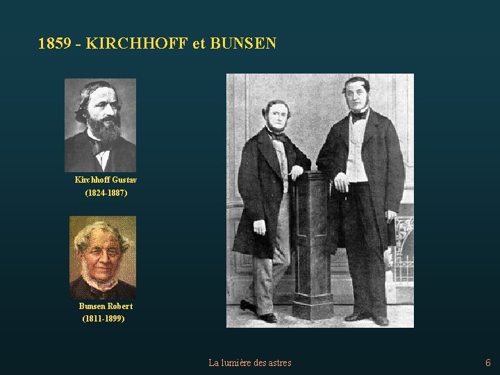1859 - KIRCHHOFF et BUNSEN Kirchhoff Gustav (1824 -1887) Bunsen Robert (1811 -1899) La