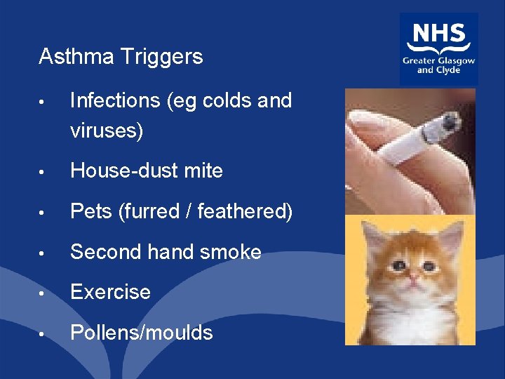 Asthma Triggers • Infections (eg colds and viruses) • House-dust mite • Pets (furred