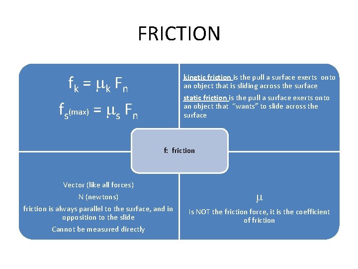 FRICTION fk = mk F n kinetic friction is the pull a surface exerts