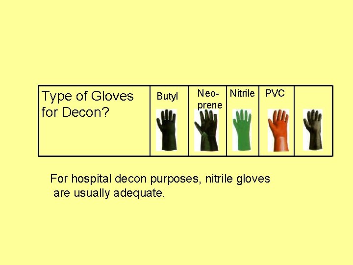 Type of Gloves for Decon? Butyl Neo- Nitrile prene PVC For hospital decon purposes,