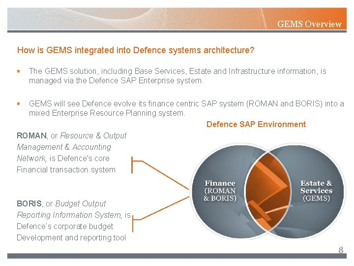GEMS Overview How is GEMS integrated into Defence systems architecture? § The GEMS solution,
