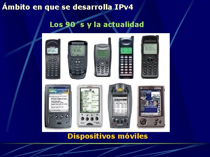 Ámbito en que se desarrolla IPv 4 Los 90´s y la actualidad Dispositivos móviles