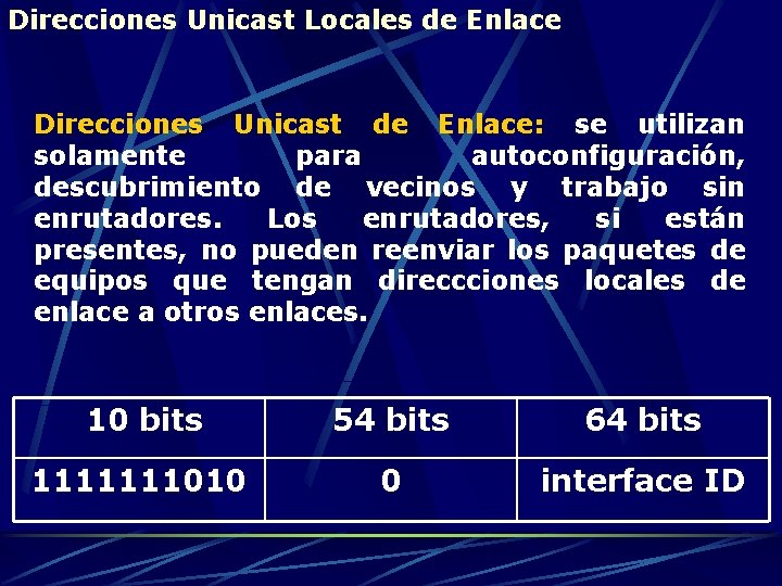 Direcciones Unicast Locales de Enlace Direcciones Unicast de Enlace: se utilizan solamente para autoconfiguración,