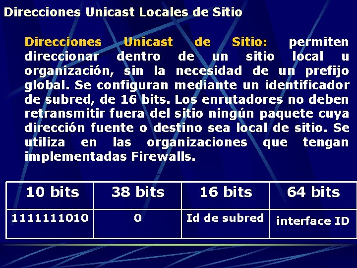 Direcciones Unicast Locales de Sitio Direcciones Unicast de Sitio: permiten direccionar dentro de un