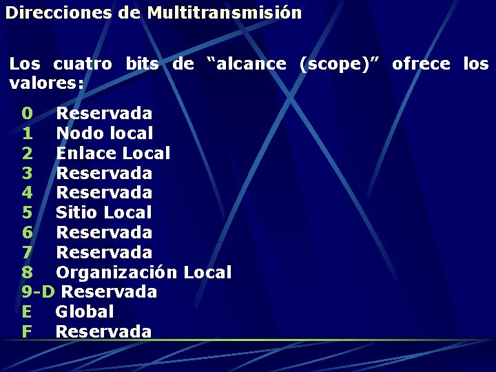 Direcciones de Multitransmisión Los cuatro bits de “alcance (scope)” ofrece los valores: 0 Reservada