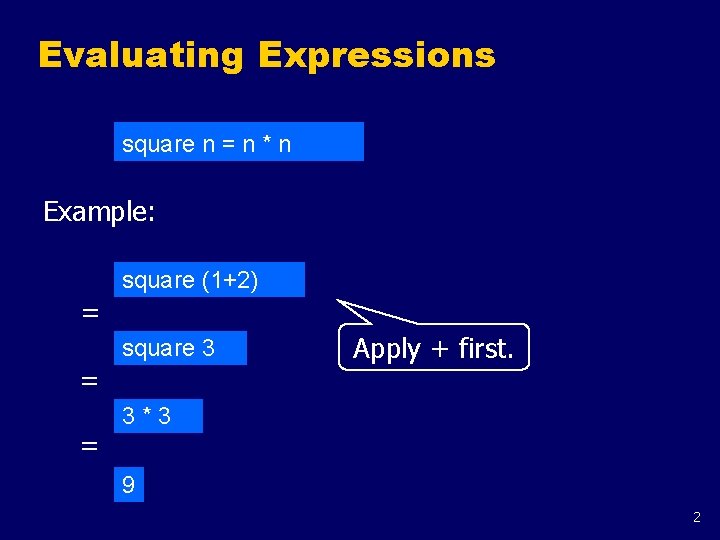 Evaluating Expressions square n = n * n Example: square (1+2) = square 3