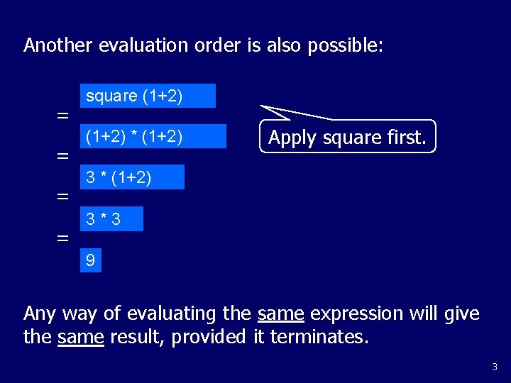 Another evaluation order is also possible: = = square (1+2) * (1+2) Apply square
