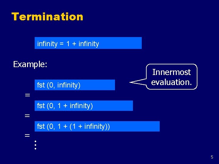 Termination infinity = 1 + infinity Example: fst (0, infinity) Innermost evaluation. = fst
