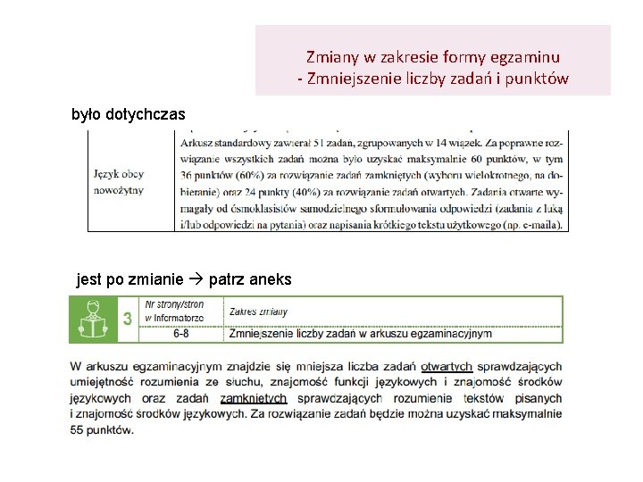 Zmiany w zakresie formy egzaminu - Zmniejszenie liczby zadań i punktów było dotychczas jest