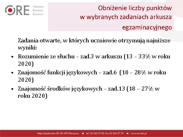 Obniżenie liczby punktów w wybranych zadaniach arkusza egzaminacyjnego Zadania otwarte, w których uczniowie otrzymują