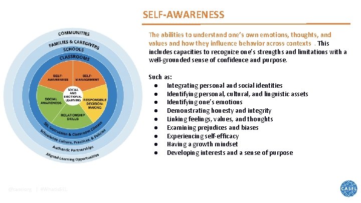 SELF-AWARENESS The abilities to understand one’s own emotions, thoughts, and values and how they