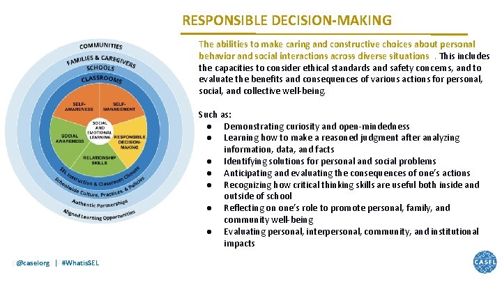 RESPONSIBLE DECISION-MAKING The abilities to make caring and constructive choices about personal behavior and