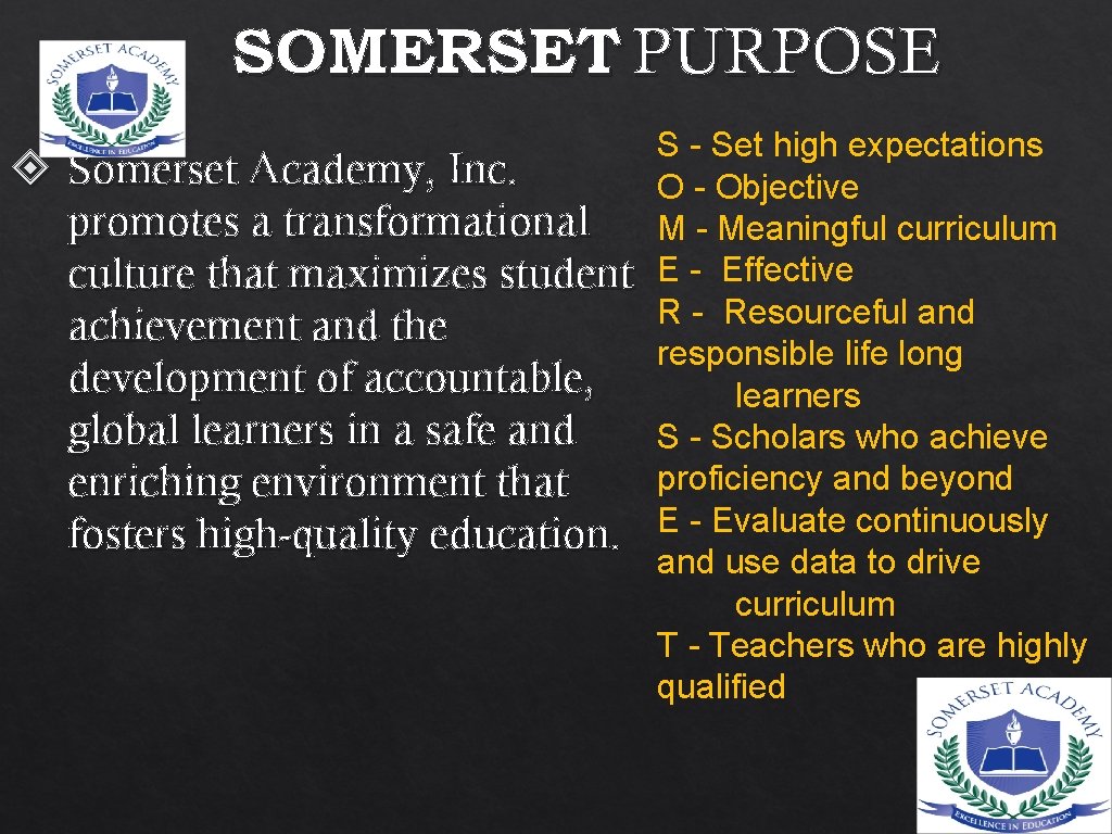 SOMERSET PURPOSE Somerset Academy, Inc. promotes a transformational culture that maximizes student achievement and