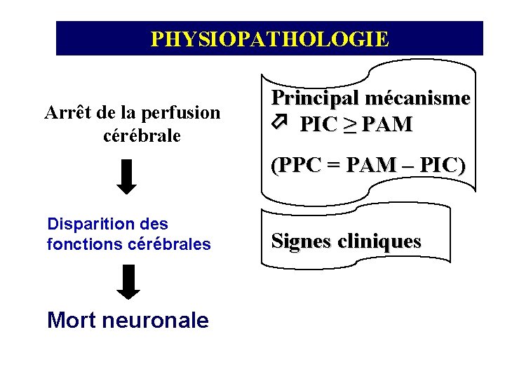 PHYSIOPATHOLOGIE Arrêt de la perfusion cérébrale Principal mécanisme PIC ≥ PAM (PPC = PAM