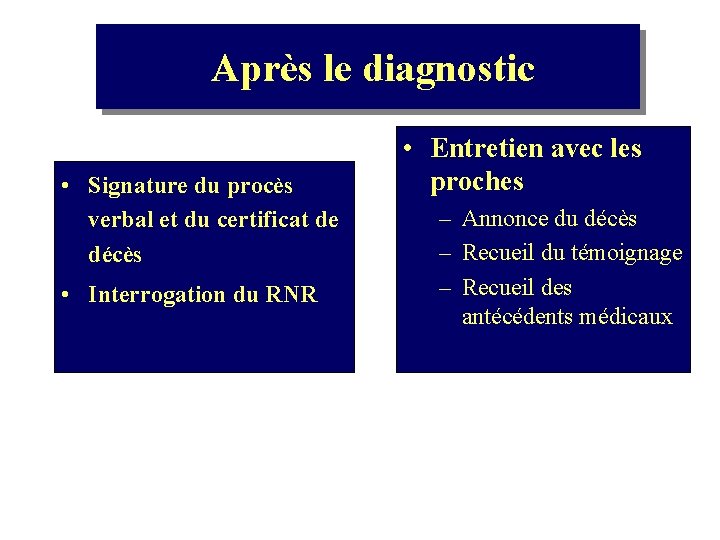 Après le diagnostic • Signature du procès verbal et du certificat de décès •