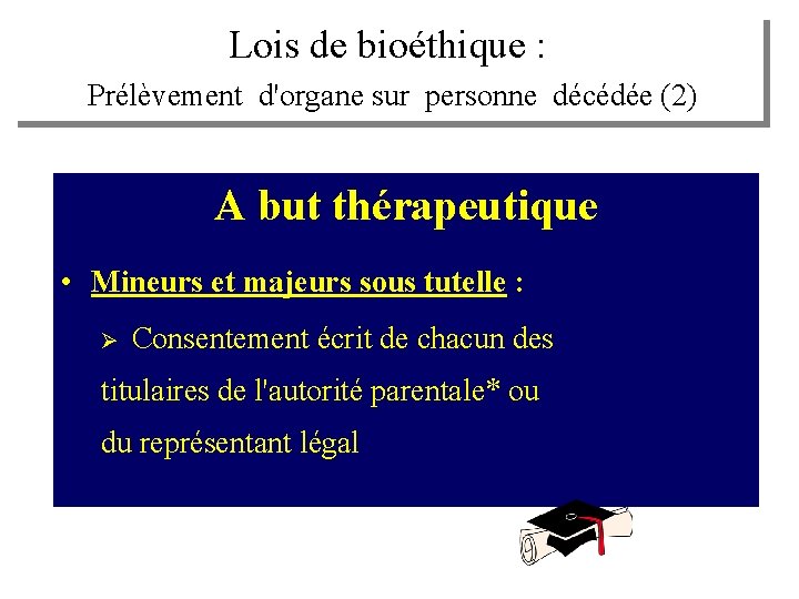 Lois de bioéthique : Prélèvement d'organe sur personne décédée (2) A but thérapeutique •